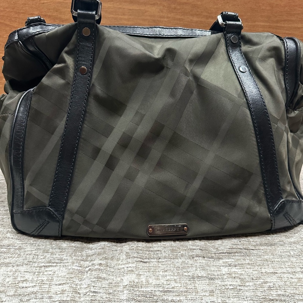 Burberry Olive Green Check Canvas Baby Duffel with Black Trim